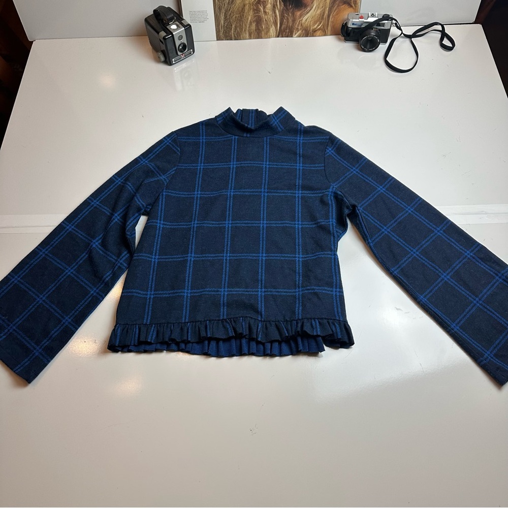 Soaked in Luxury Blue Plaid Ruffle Hem Mock Neck Stretch Knit Top